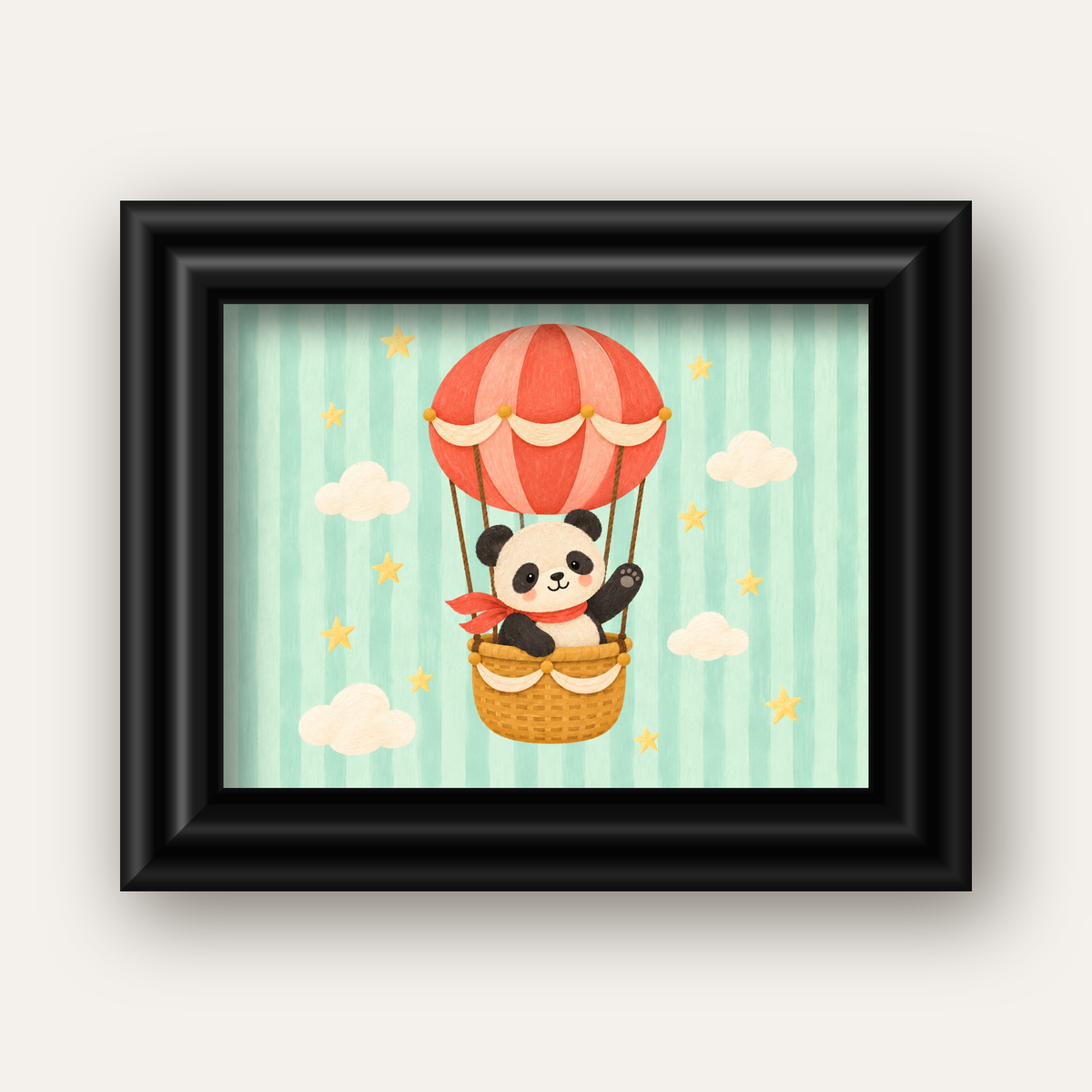 Balonda Sevimli Panda Poster – Pastel Çocuk Odası Duvar Dekoru — siyah galeri çerçeveli