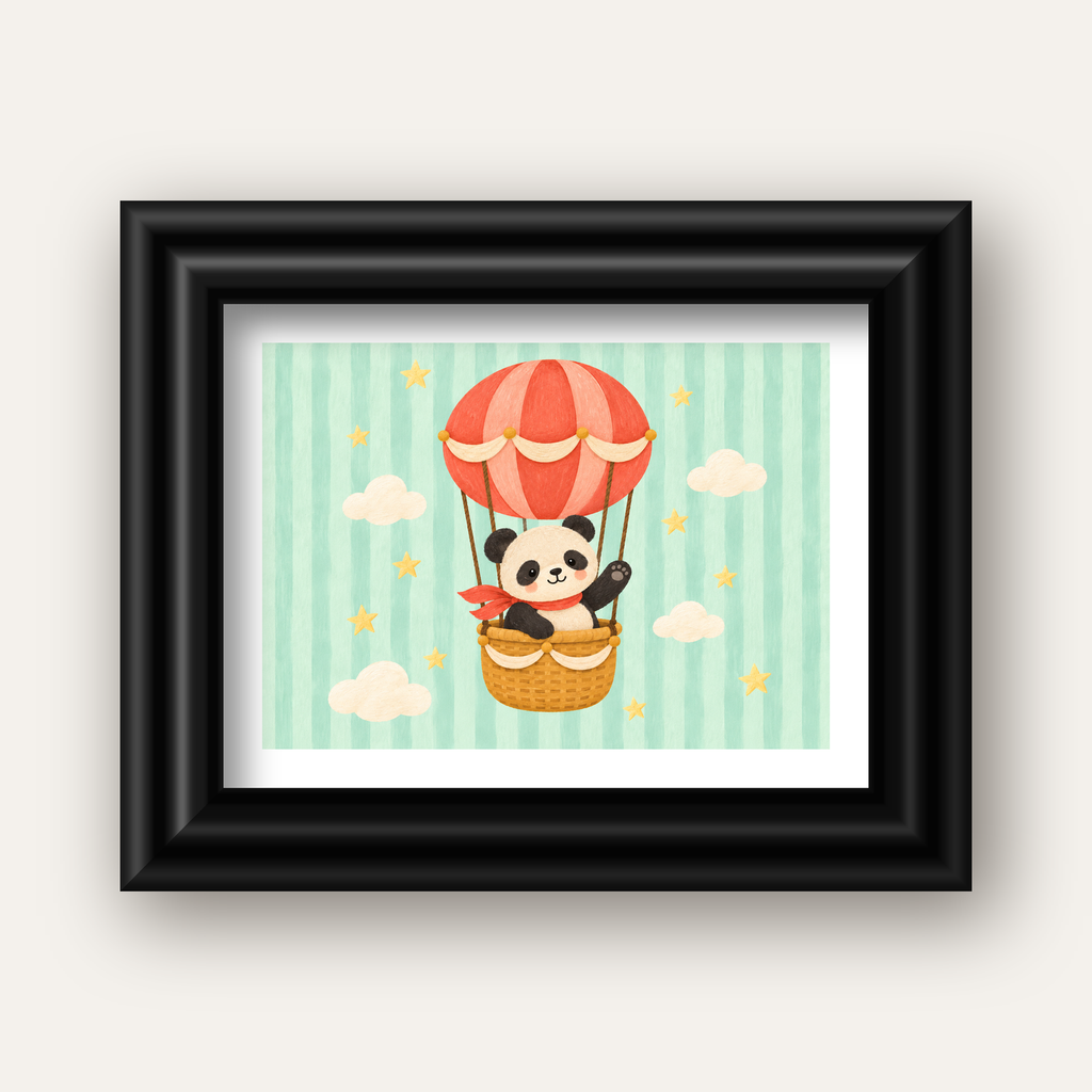 Balonda Sevimli Panda Poster – Pastel Çocuk Odası Duvar Dekoru — siyah galeri çerçeveli paspartulu