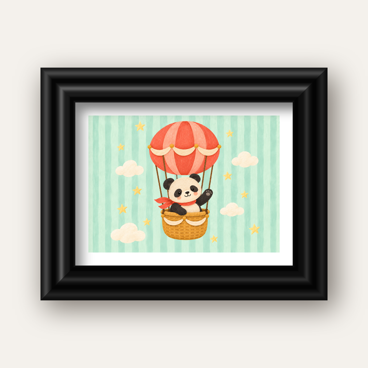 Balonda Sevimli Panda Poster – Pastel Çocuk Odası Duvar Dekoru — siyah galeri çerçeveli paspartulu