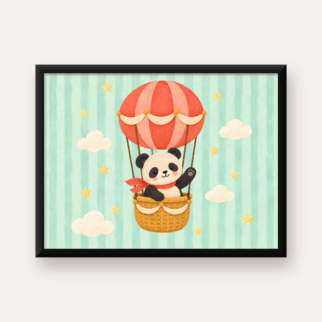 Balonda Sevimli Panda Poster – Pastel Çocuk Odası Duvar Dekoru — Yatay baskı, düz siyah çerçeveli duvar posteri