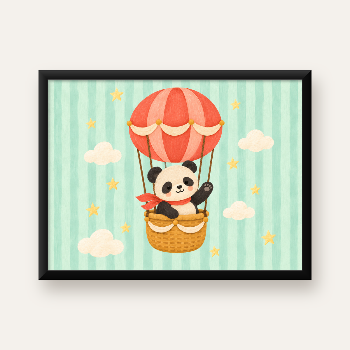 Balonda Sevimli Panda Poster – Pastel Çocuk Odası Duvar Dekoru — Yatay baskı, düz siyah çerçeveli duvar posteri