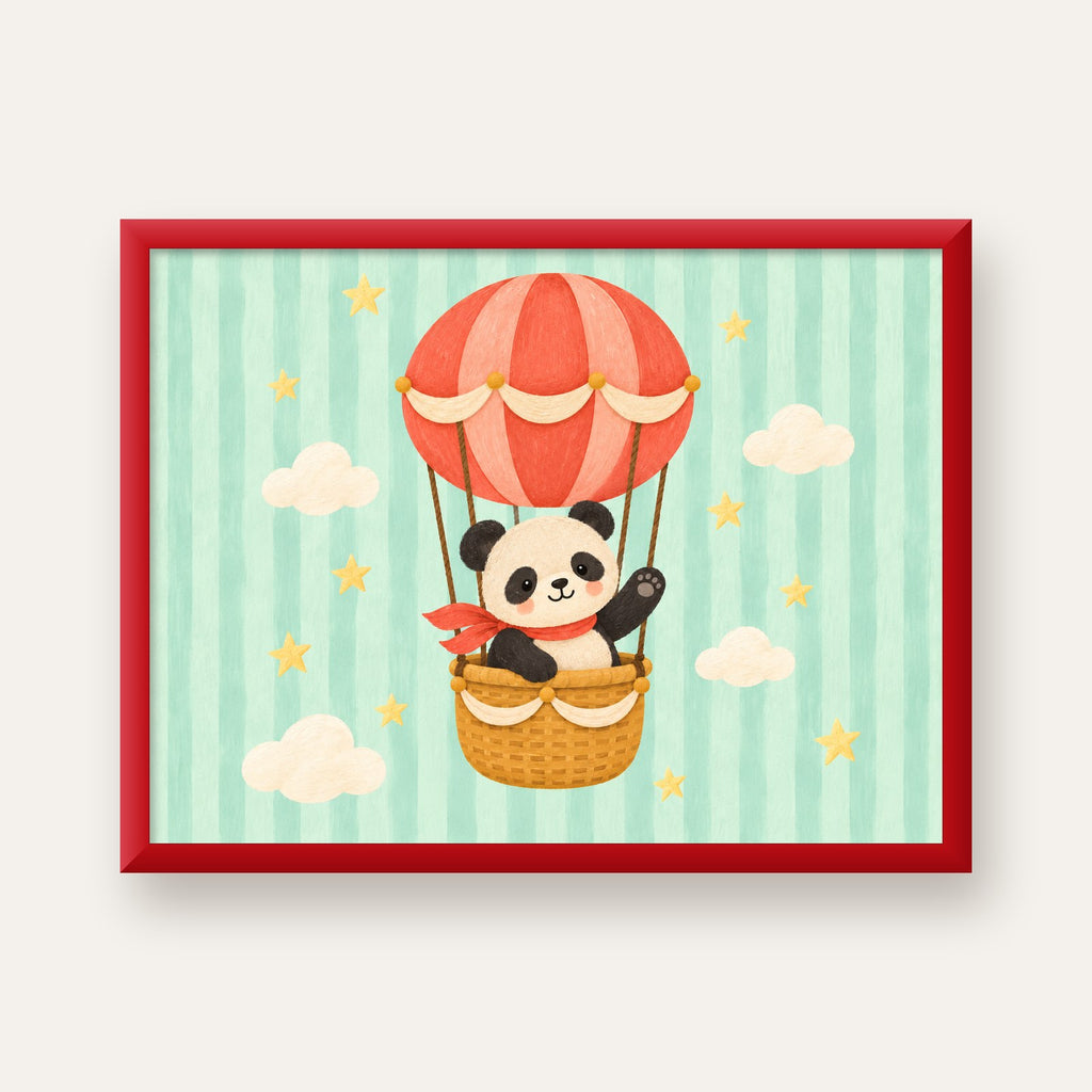Balonda Sevimli Panda Poster – Pastel Çocuk Odası Duvar Dekoru — kırmızı çerçeveli
