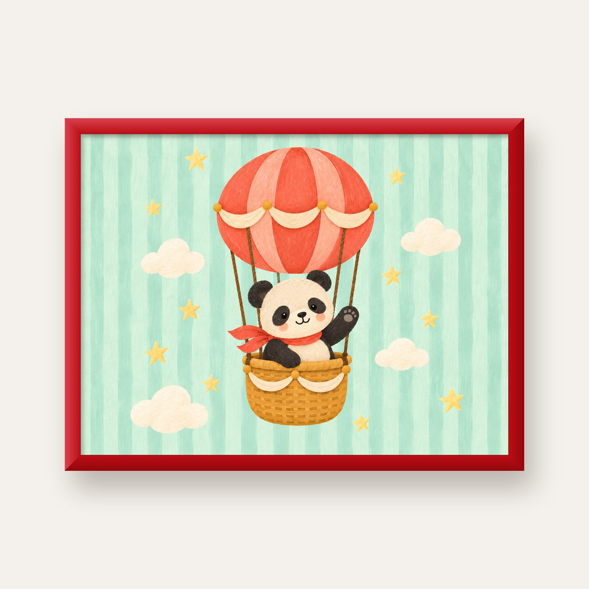 Balonda Sevimli Panda Poster – Pastel Çocuk Odası Duvar Dekoru — kırmızı çerçeveli