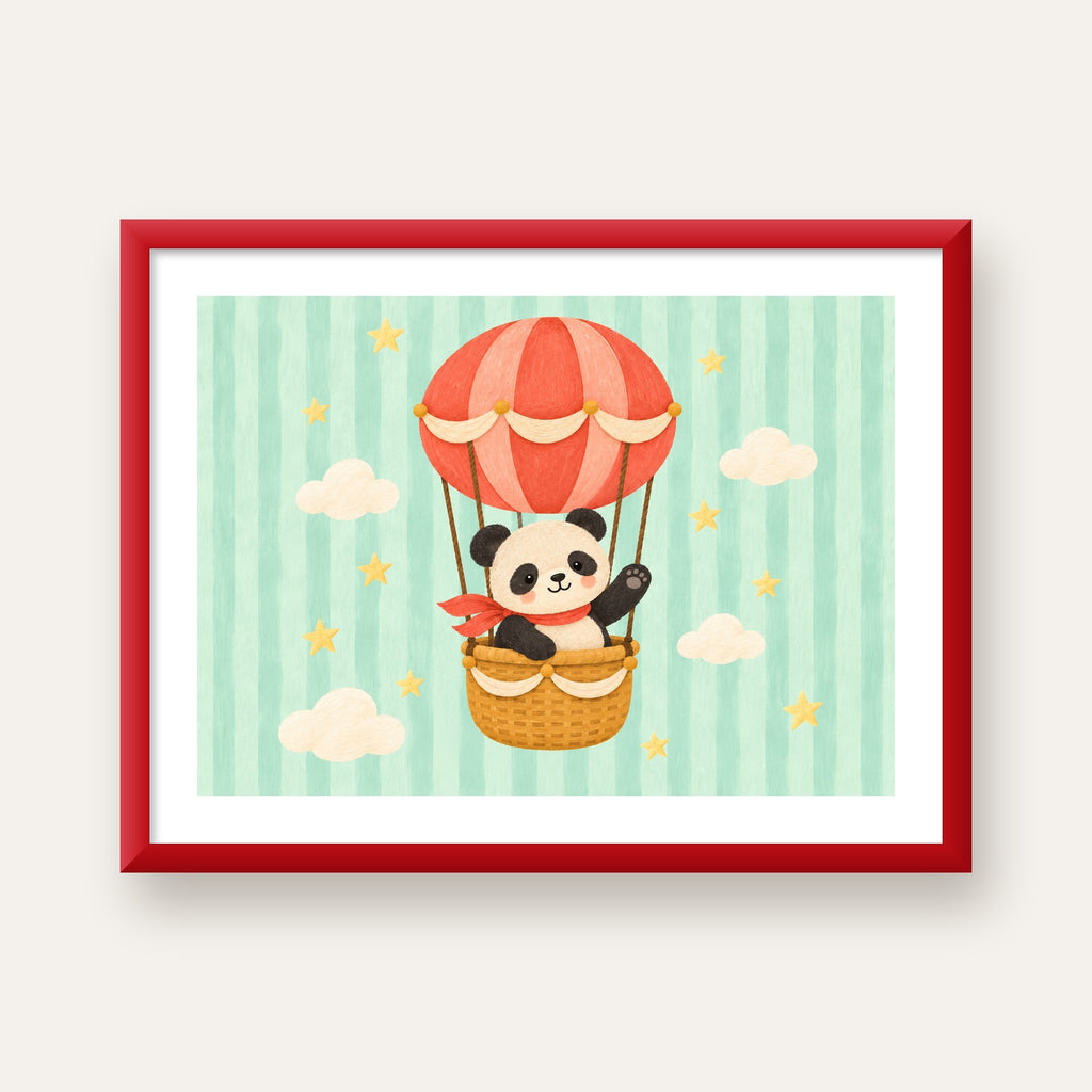 Balonda Sevimli Panda Poster – Pastel Çocuk Odası Duvar Dekoru — kırmızı çerçeveli paspartulu
