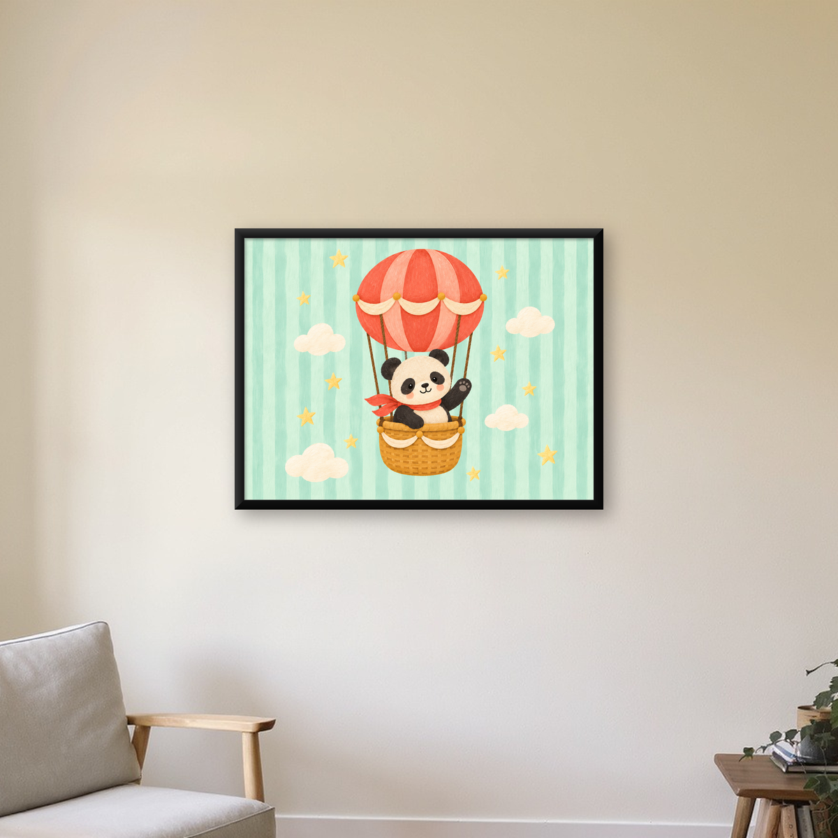 Balonda Sevimli Panda Poster – Pastel Çocuk Odası Duvar Dekoru — Yatay baskı, çerçeveli hâliyle bir ev duvarında