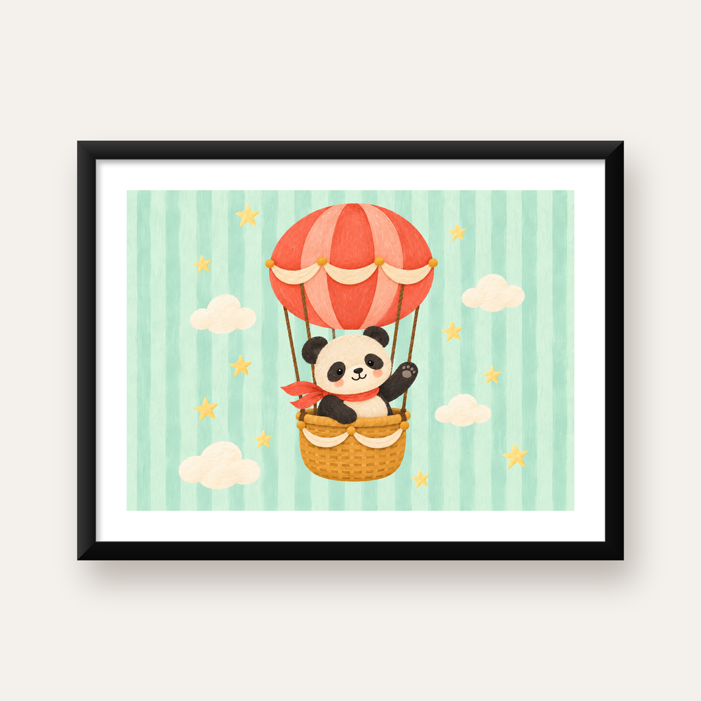 Balonda Sevimli Panda Poster – Pastel Çocuk Odası Duvar Dekoru — Yatay baskı, beyaz kenar boşluklu
