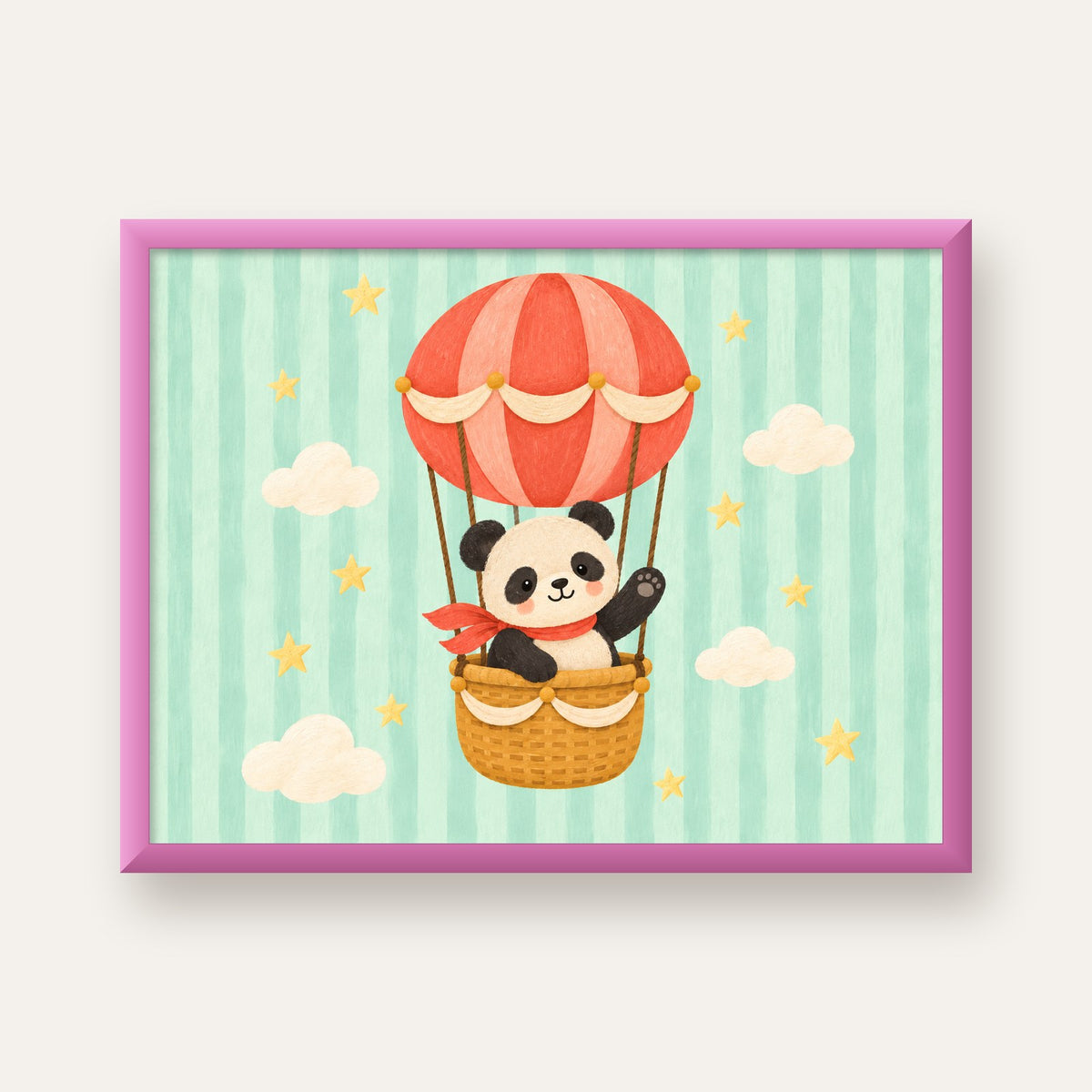 Balonda Sevimli Panda Poster – Pastel Çocuk Odası Duvar Dekoru — pembe çerçeveli