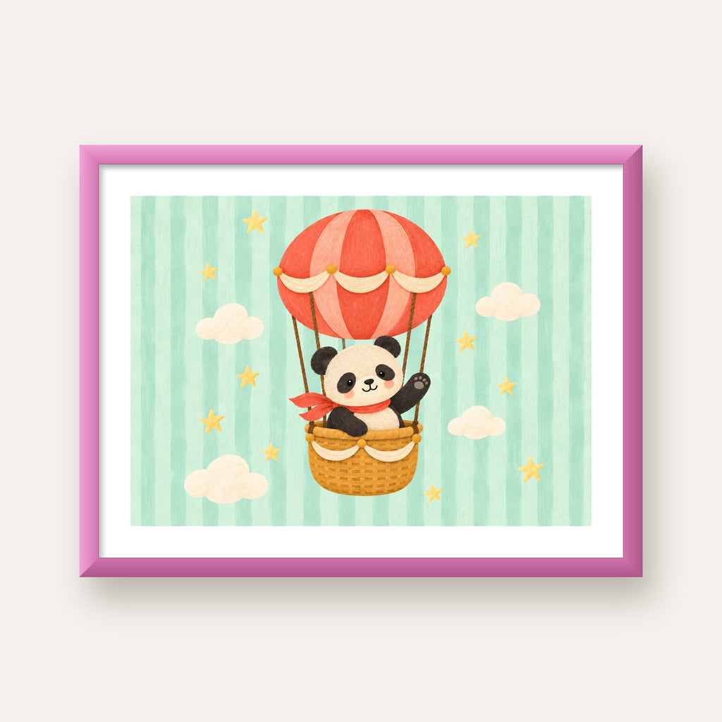 Balonda Sevimli Panda Poster – Pastel Çocuk Odası Duvar Dekoru — pembe çerçeveli paspartulu