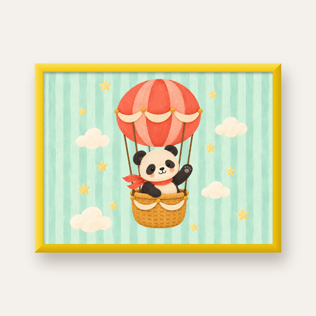 Balonda Sevimli Panda Poster – Pastel Çocuk Odası Duvar Dekoru — sarı çerçeveli