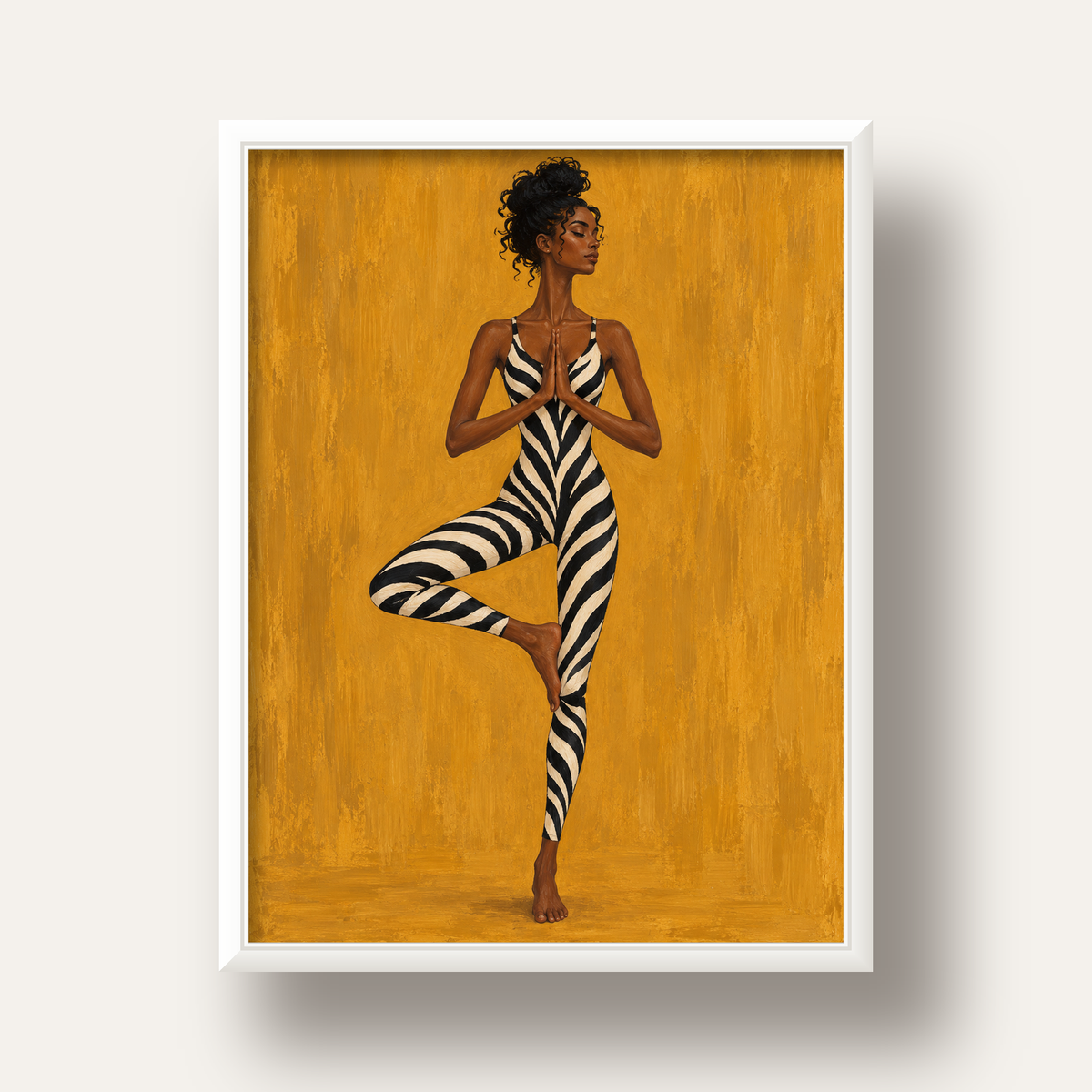 Hardal Sarısı Zebra Desenli Ağaç Pozu Yoga Poster — beyaz derin çerçeveli