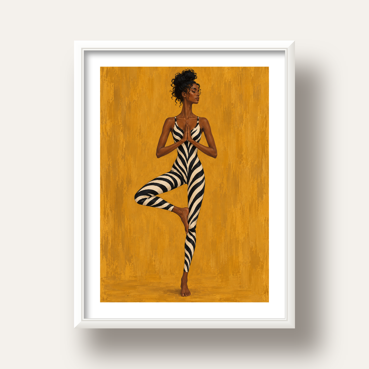 Hardal Sarısı Zebra Desenli Ağaç Pozu Yoga Poster — beyaz derin çerçeveli paspartulu