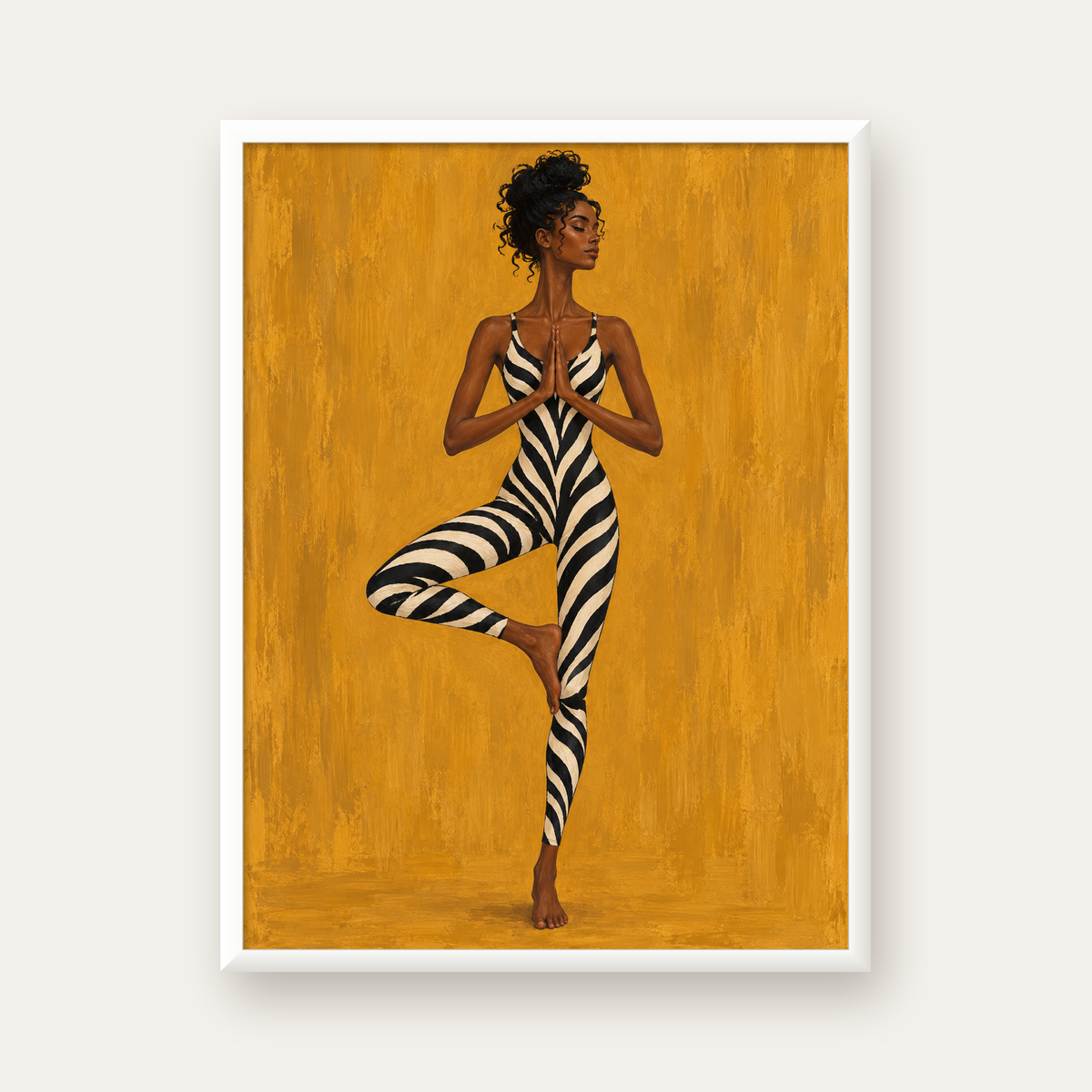Hardal Sarısı Zebra Desenli Ağaç Pozu Yoga Poster — beyaz çerçeveli dikey poster