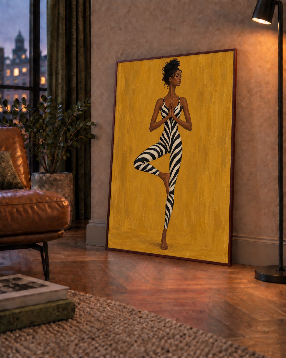 Hardal Sarısı Zebra Desenli Ağaç Pozu Yoga Poster — çerçeveli hâliyle bir ev duvarında