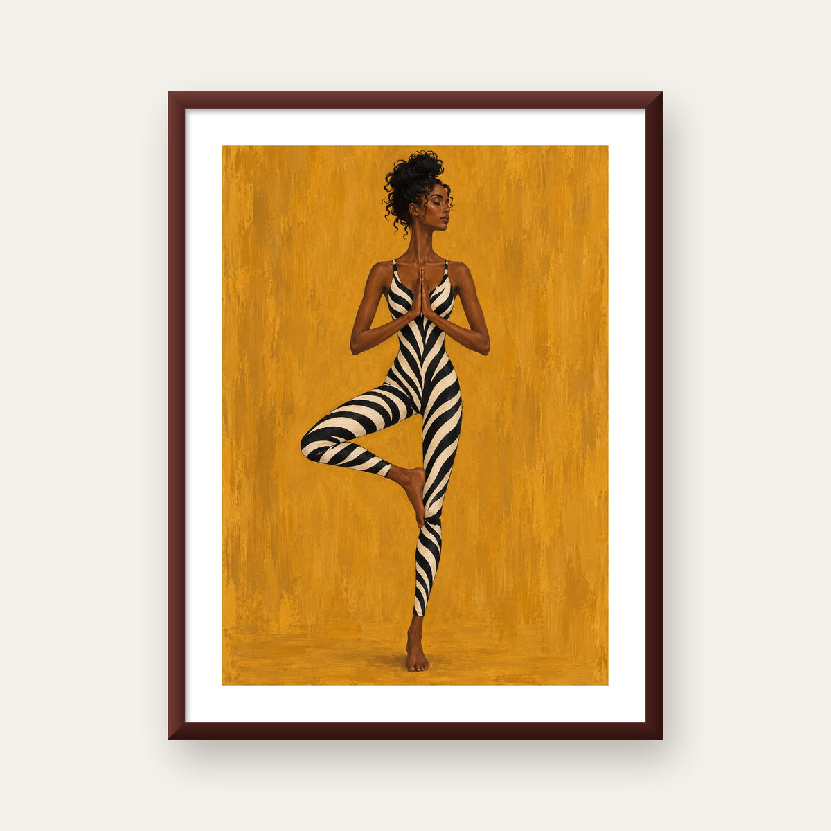 Hardal Sarısı Zebra Desenli Ağaç Pozu Yoga Poster — ceviz çerçeveli paspartulu