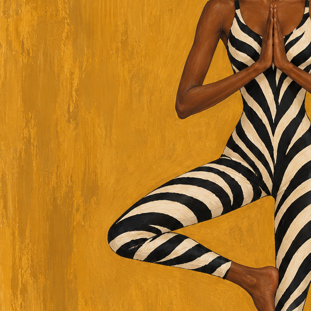 Yoga Pozunda Zebra Desenli Kadın Figürlü Poster — baskının yakın çekimi, kâğıt dokusu ve renk detayı