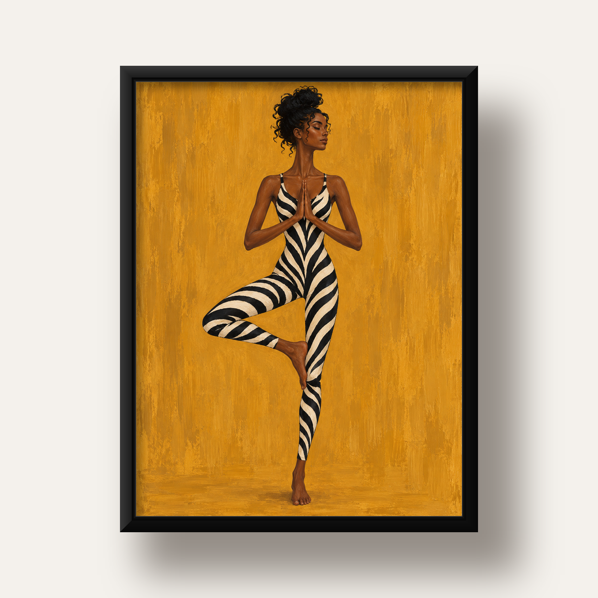 Hardal Sarısı Zebra Desenli Ağaç Pozu Yoga Poster — siyah derin çerçeveli
