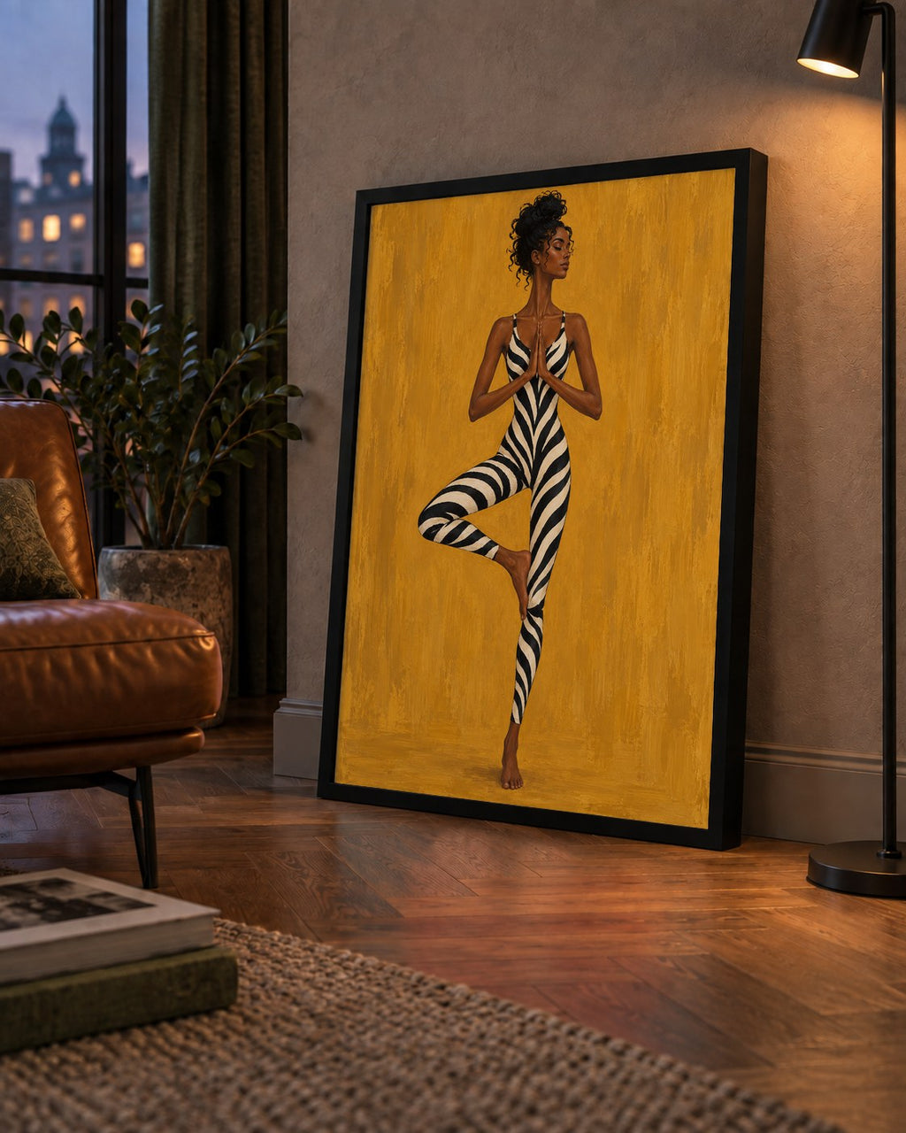 Hardal Sarısı Zebra Desenli Ağaç Pozu Yoga Poster — çerçeveli hâliyle bir ev duvarında