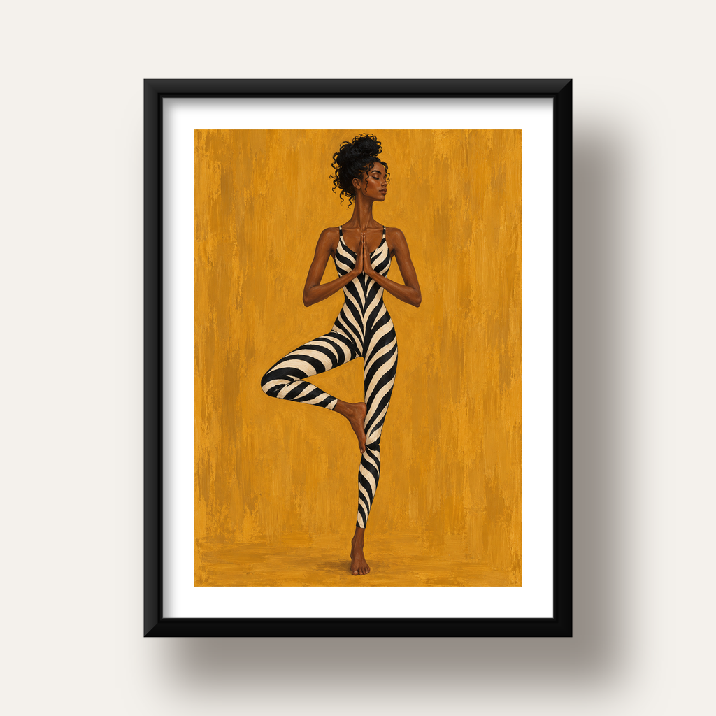 Hardal Sarısı Zebra Desenli Ağaç Pozu Yoga Poster — siyah derin çerçeveli paspartulu