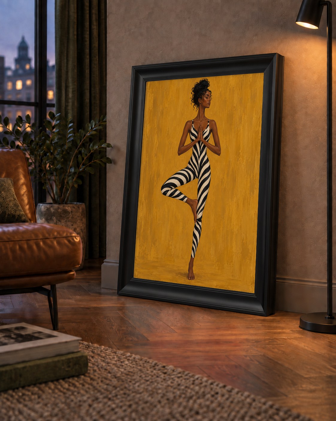 Hardal Sarısı Zebra Desenli Ağaç Pozu Yoga Poster — çerçeveli hâliyle bir ev duvarında
