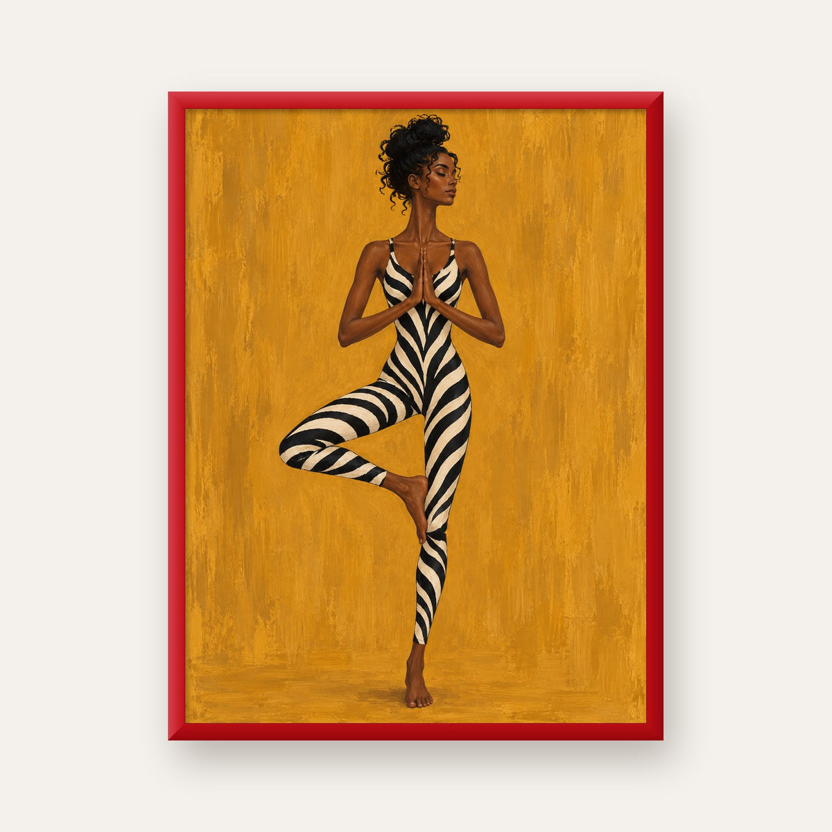 Hardal Sarısı Zebra Desenli Ağaç Pozu Yoga Poster — kırmızı çerçeveli
