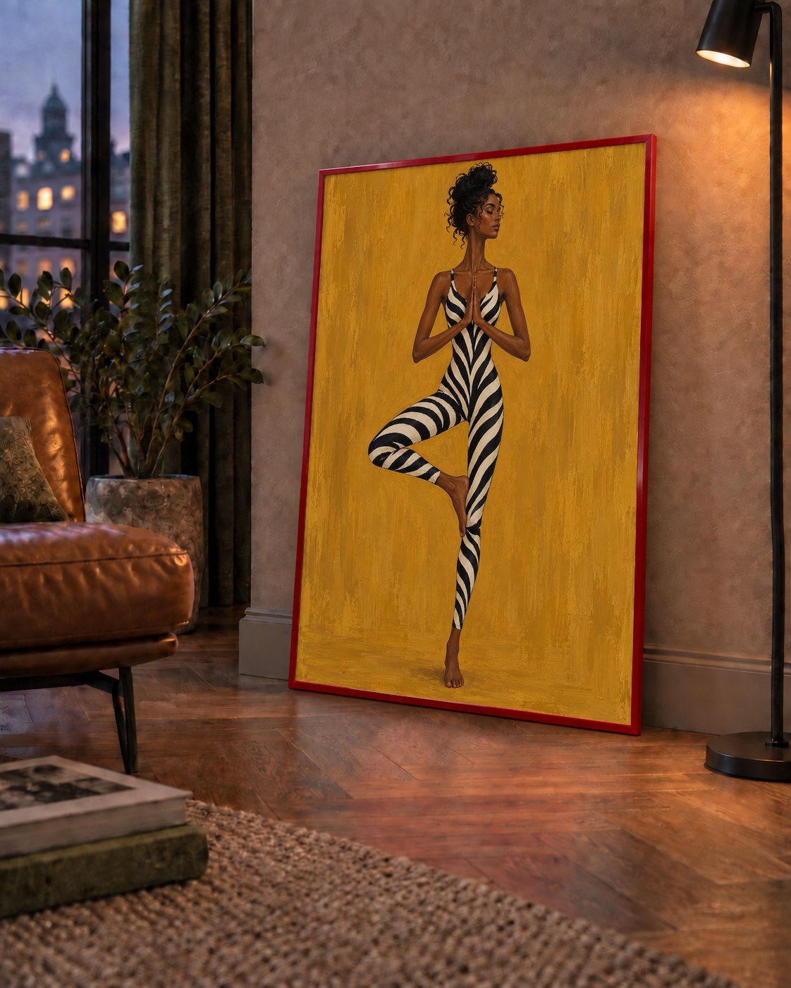 Hardal Sarısı Zebra Desenli Ağaç Pozu Yoga Poster — çerçeveli hâliyle bir ev duvarında