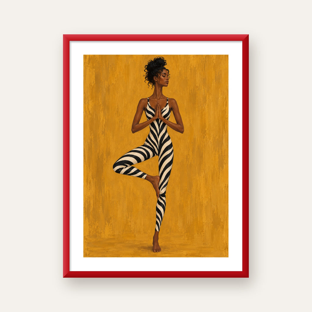 Hardal Sarısı Zebra Desenli Ağaç Pozu Yoga Poster — kırmızı çerçeveli paspartulu