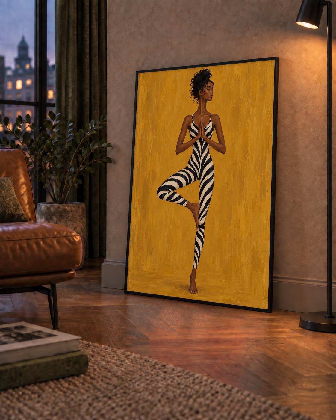 Hardal Sarısı Zebra Desenli Ağaç Pozu Yoga Poster — çerçeveli hâliyle bir ev duvarında