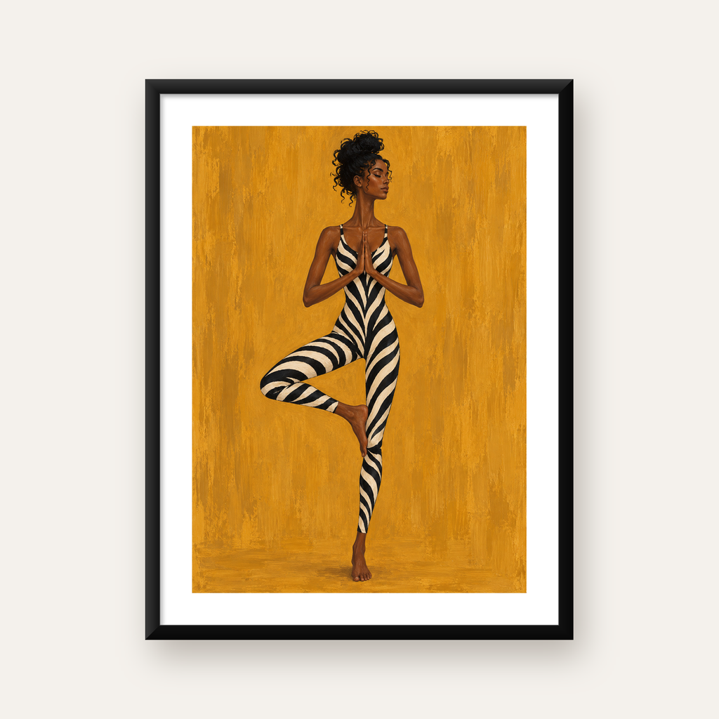 Yoga Pozunda Zebra Desenli Kadın Figürlü Poster — Dikey baskı, beyaz kenar boşluklu