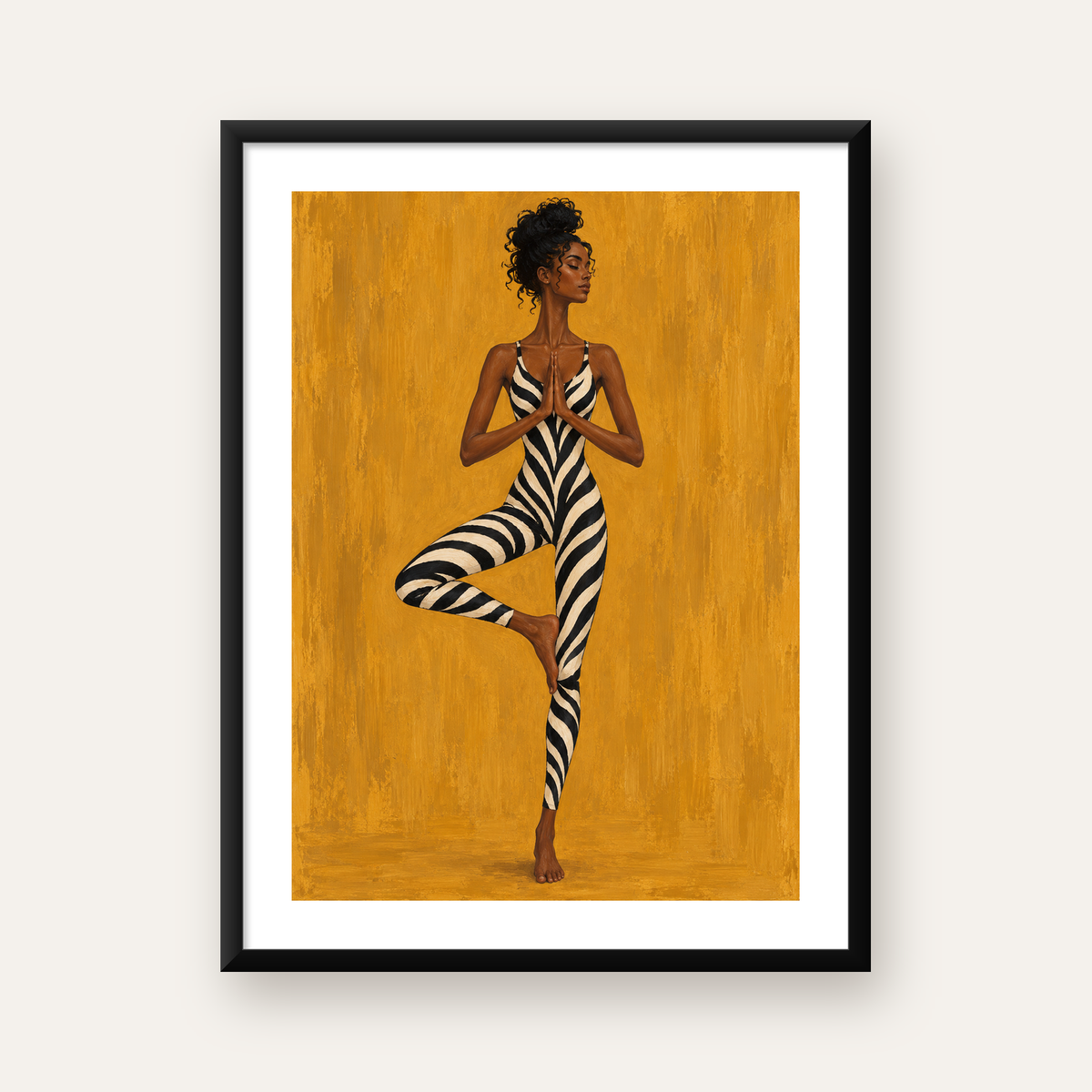 Yoga Pozunda Zebra Desenli Kadın Figürlü Poster — Dikey baskı, beyaz kenar boşluklu