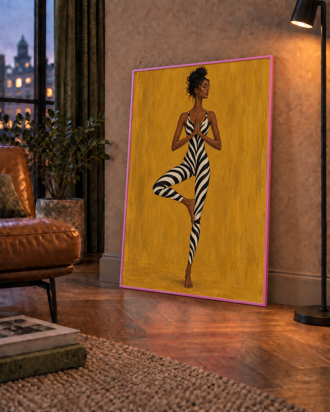 Hardal Sarısı Zebra Desenli Ağaç Pozu Yoga Poster — çerçeveli hâliyle bir ev duvarında