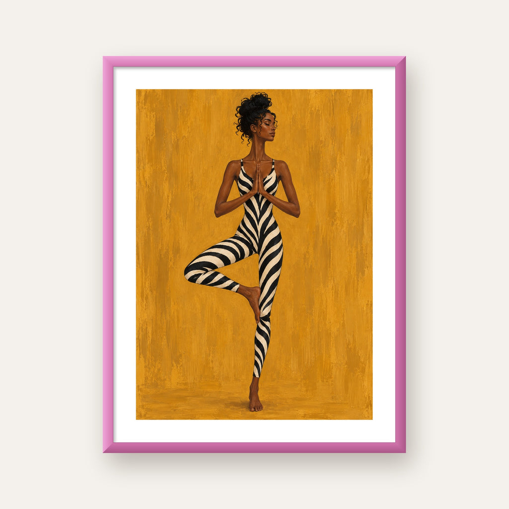 Hardal Sarısı Zebra Desenli Ağaç Pozu Yoga Poster — pembe çerçeveli paspartulu