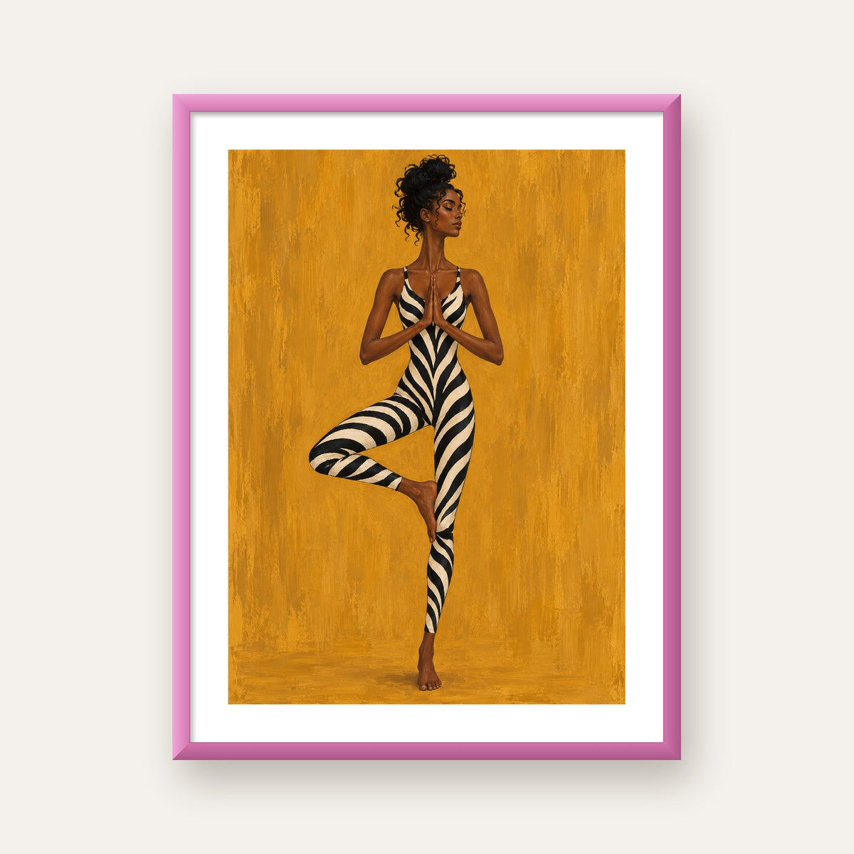 Hardal Sarısı Zebra Desenli Ağaç Pozu Yoga Poster — pembe çerçeveli paspartulu