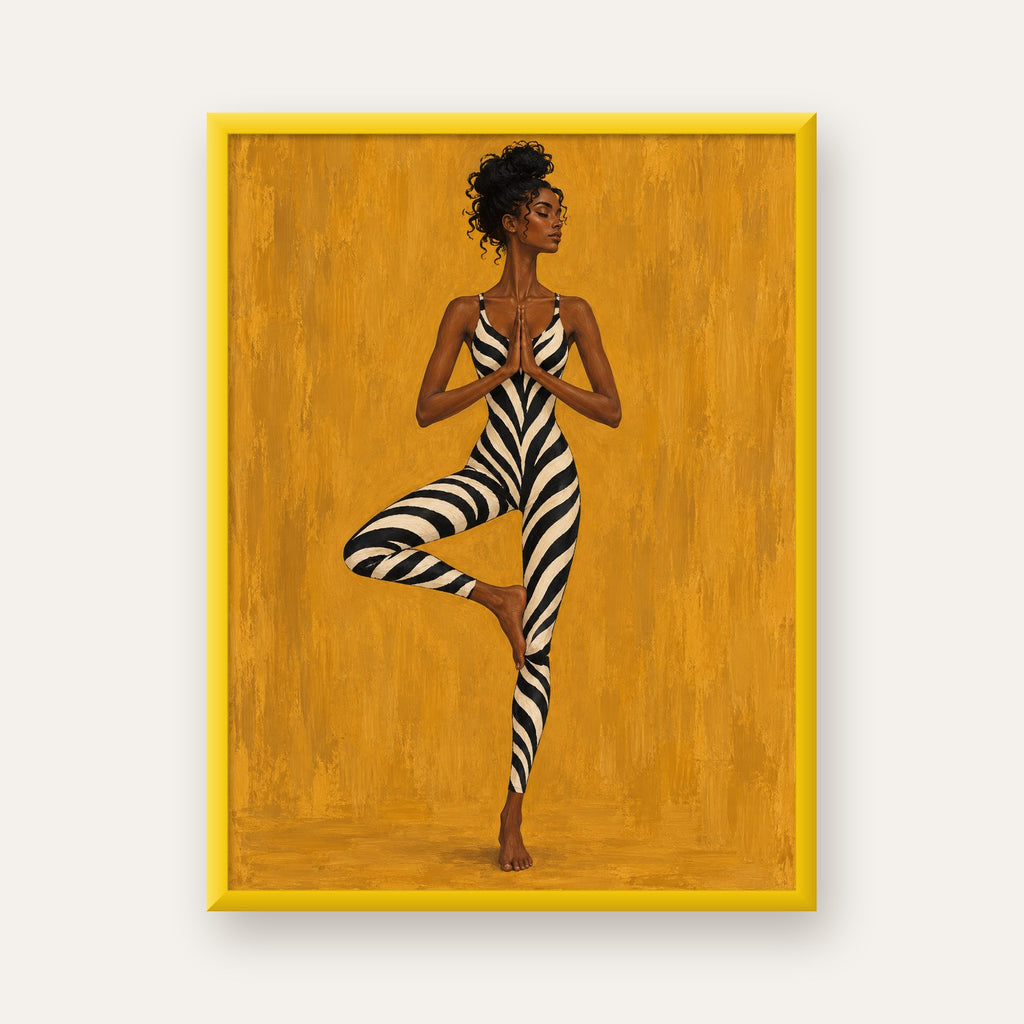 Hardal Sarısı Zebra Desenli Ağaç Pozu Yoga Poster — sarı çerçeveli