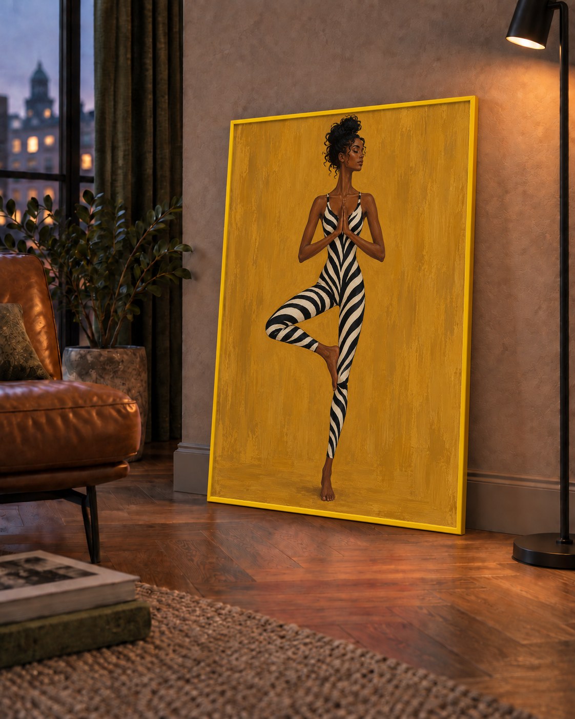 Hardal Sarısı Zebra Desenli Ağaç Pozu Yoga Poster — çerçeveli hâliyle bir ev duvarında