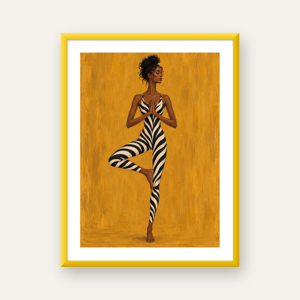 Hardal Sarısı Zebra Desenli Ağaç Pozu Yoga Poster — sarı çerçeveli paspartulu