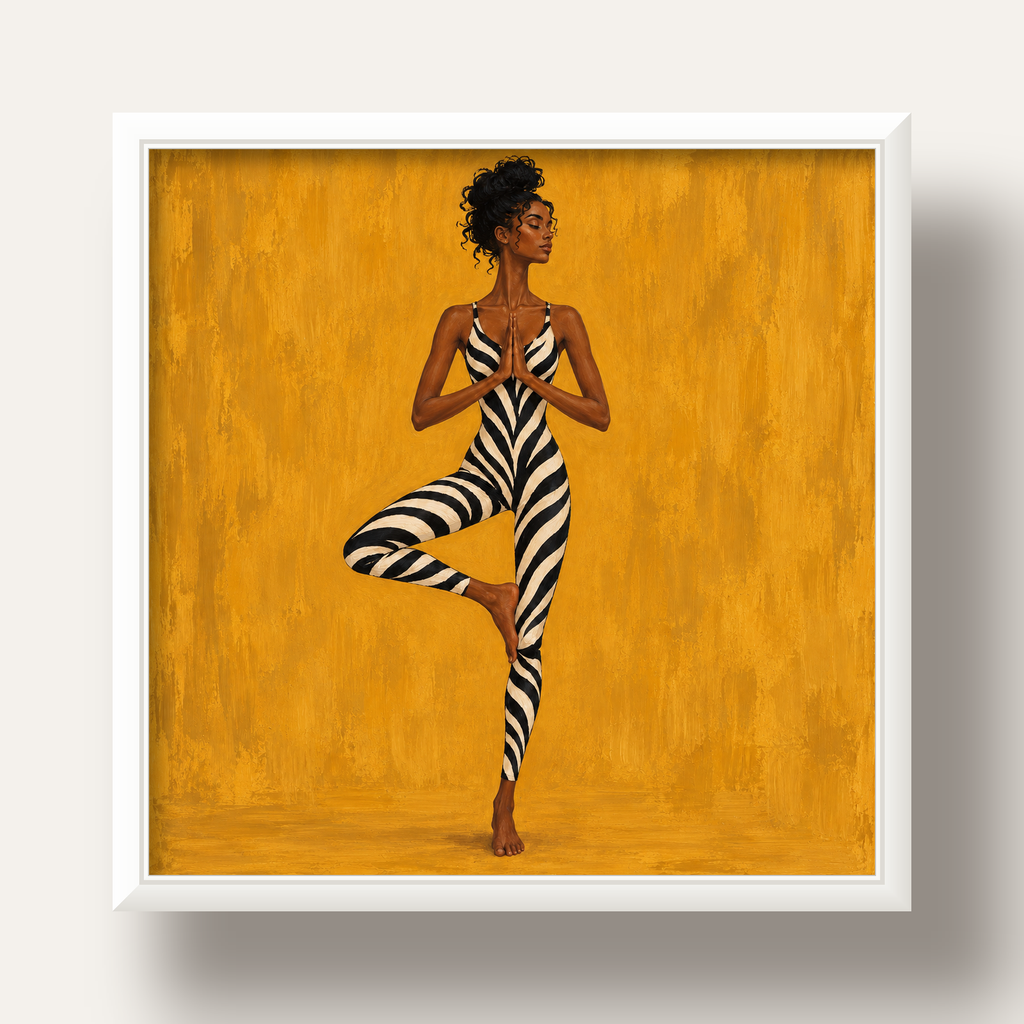 Hardal Sarısı Zebra Desenli Ağaç Pozu Yoga Poster — beyaz derin çerçeveli