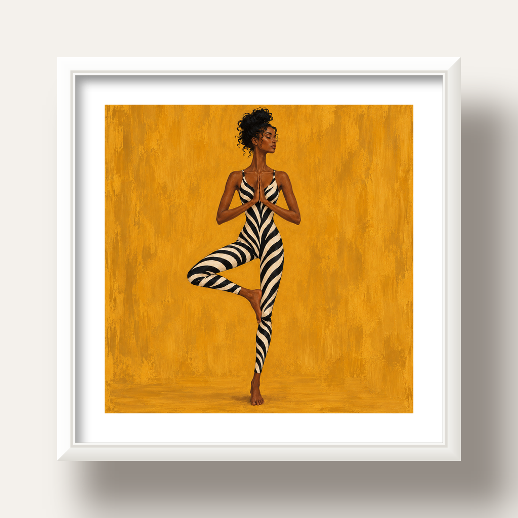 Hardal Sarısı Zebra Desenli Ağaç Pozu Yoga Poster — beyaz derin çerçeveli paspartulu