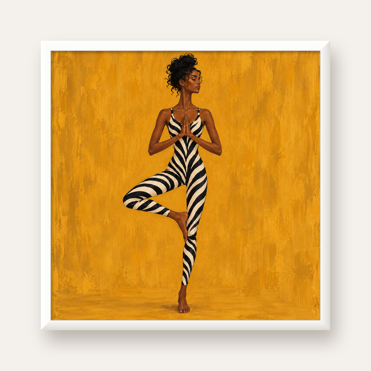 Hardal Sarısı Zebra Desenli Ağaç Pozu Yoga Poster — beyaz çerçeveli kare poster