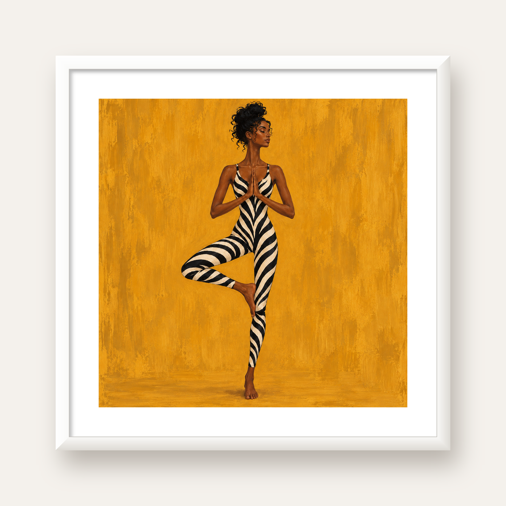 Hardal Sarısı Zebra Desenli Ağaç Pozu Yoga Poster — beyaz çerçeveli kare poster