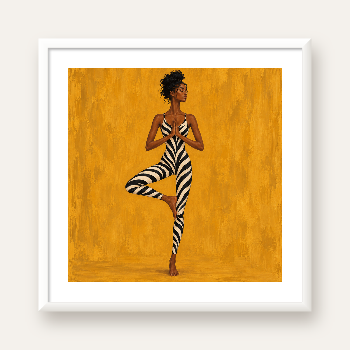 Hardal Sarısı Zebra Desenli Ağaç Pozu Yoga Poster — beyaz çerçeveli kare poster