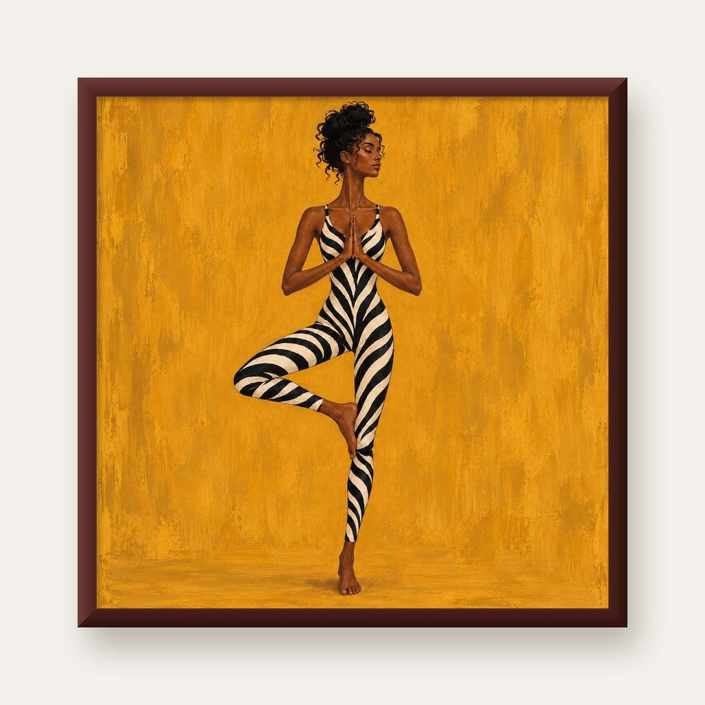 Hardal Sarısı Zebra Desenli Ağaç Pozu Yoga Poster — ceviz çerçeveli