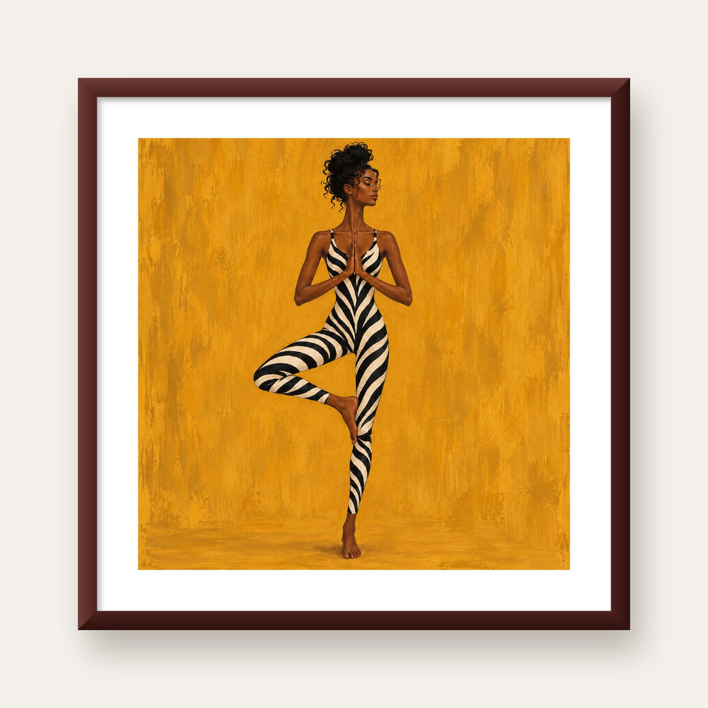 Hardal Sarısı Zebra Desenli Ağaç Pozu Yoga Poster — ceviz çerçeveli paspartulu