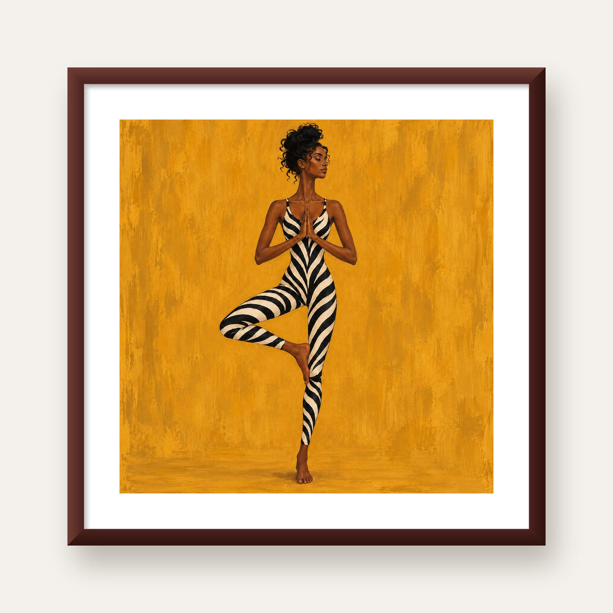 Hardal Sarısı Zebra Desenli Ağaç Pozu Yoga Poster — ceviz çerçeveli paspartulu