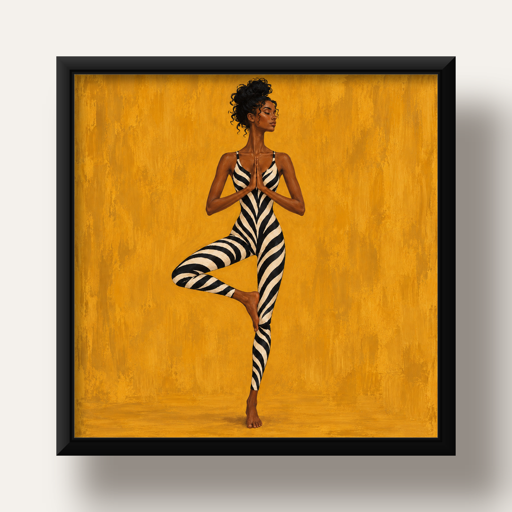 Hardal Sarısı Zebra Desenli Ağaç Pozu Yoga Poster — siyah derin çerçeveli