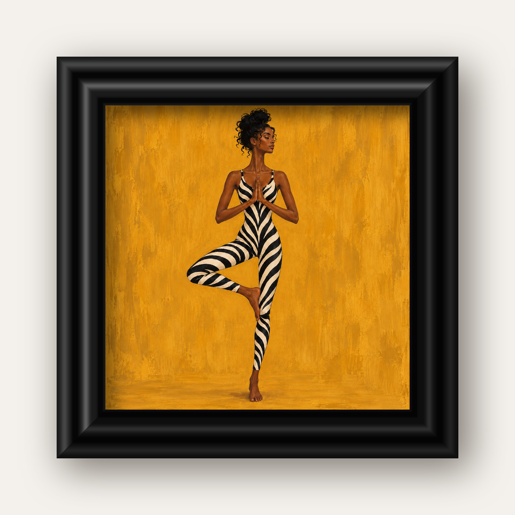 Hardal Sarısı Zebra Desenli Ağaç Pozu Yoga Poster — siyah galeri çerçeveli