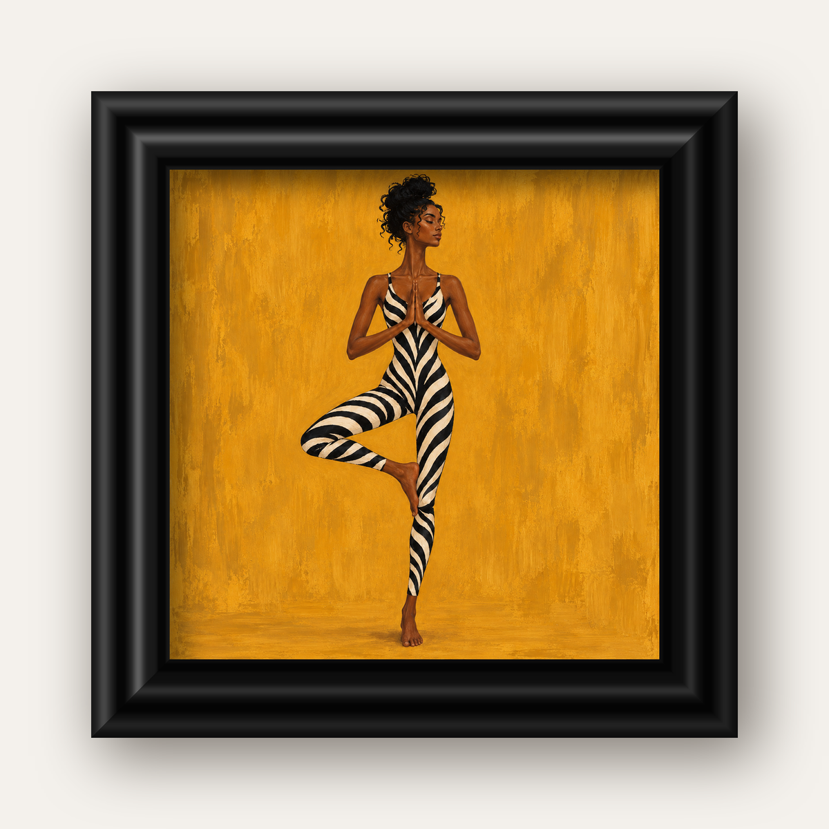 Hardal Sarısı Zebra Desenli Ağaç Pozu Yoga Poster — siyah galeri çerçeveli
