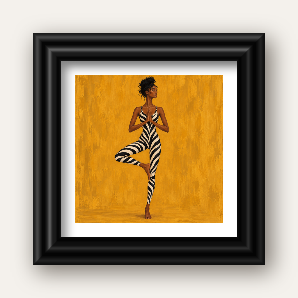 Hardal Sarısı Zebra Desenli Ağaç Pozu Yoga Poster — siyah galeri çerçeveli paspartulu