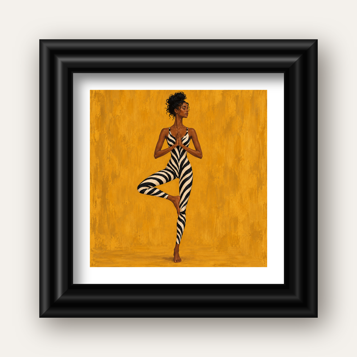Hardal Sarısı Zebra Desenli Ağaç Pozu Yoga Poster — siyah galeri çerçeveli paspartulu