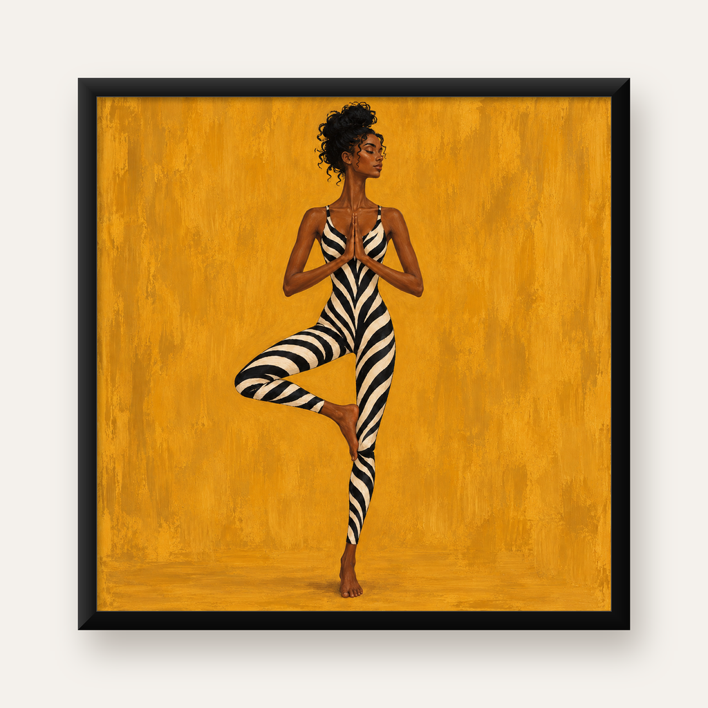Yoga Pozunda Zebra Desenli Kadın Figürlü Poster — Kare baskı, düz siyah çerçeveli duvar posteri