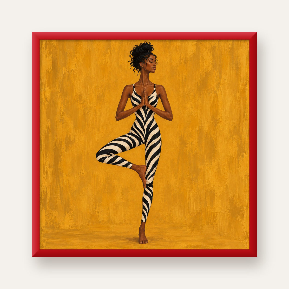 Hardal Sarısı Zebra Desenli Ağaç Pozu Yoga Poster — kırmızı çerçeveli